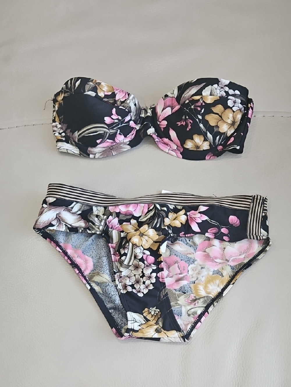 Zimmermann Black Floral Strapless Bikini with Pink & Gold Accents